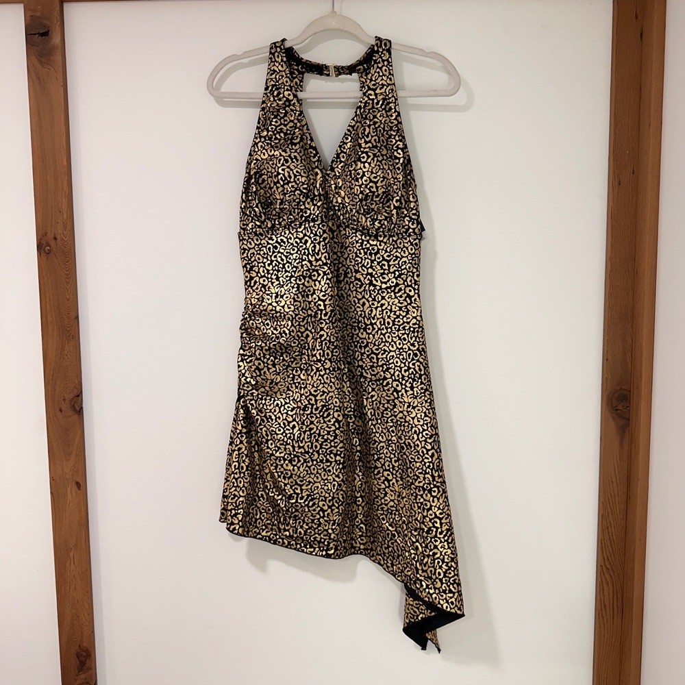 Swim365 Gold Metallic‎ Leopard Print Swim Dress Women Size 14 Black | Glam